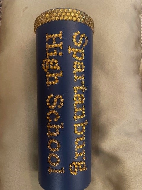 Skinny Tumbler - Spartanburg High School (SHS) in Gold Rhinestones on Blue Body