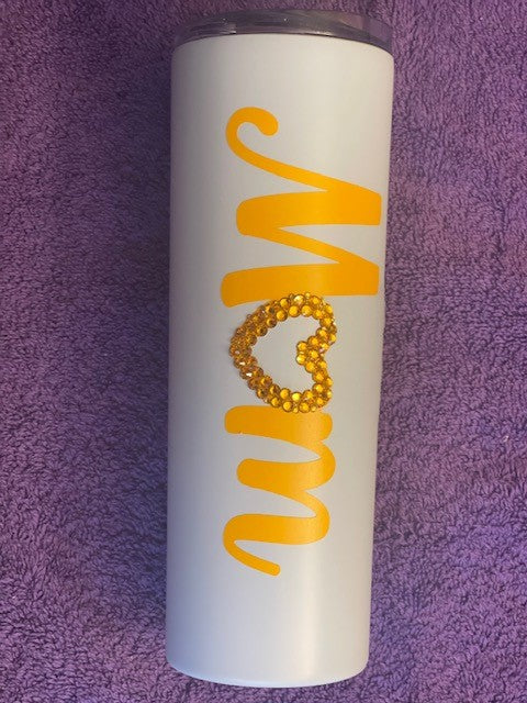 Skinny Tumbler - Mom with Heart in Gold Rhinestones on Light Blue Body