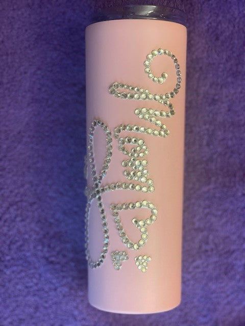 Skinny Tumbler - Mom in Clear Rhinestones on Pink Body