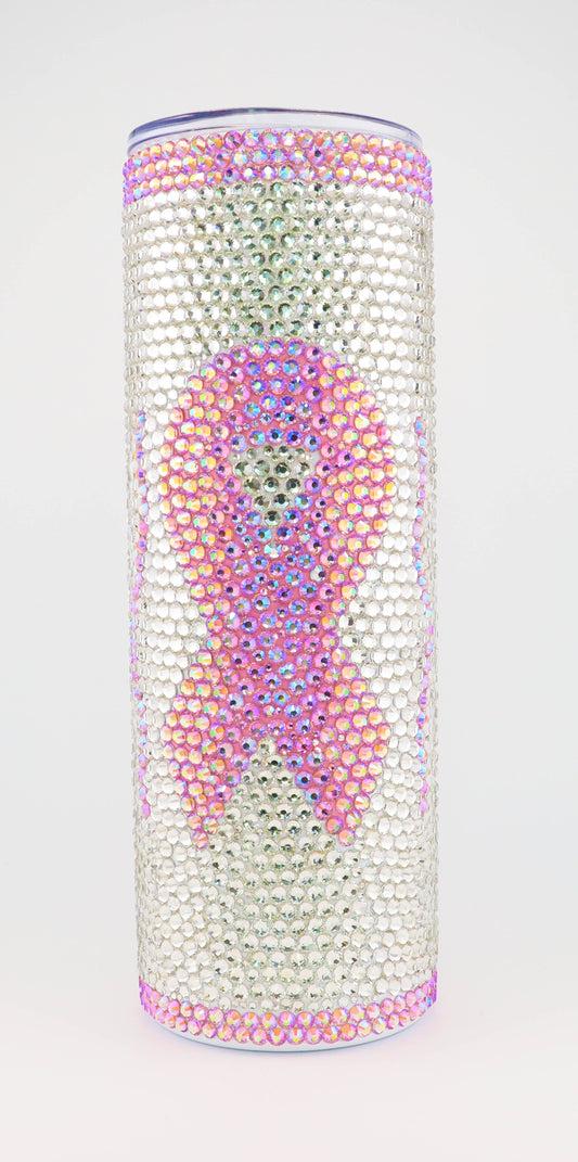 Rhinestone Tumbler - 30 oz Clear Rhinestone Body with Pink Rose Rhinestone Ribbon (PI3A)